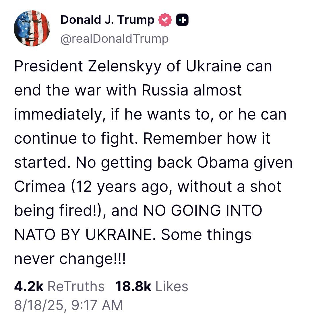 在與烏克蘭總統澤倫斯基白宮會談前夕，美總統川普在其社群平台Truth Social 發文，要澤倫斯基放棄克里米亞領土，也不要再想加入北約。圖／取自Truth Social Donald J. Trump 