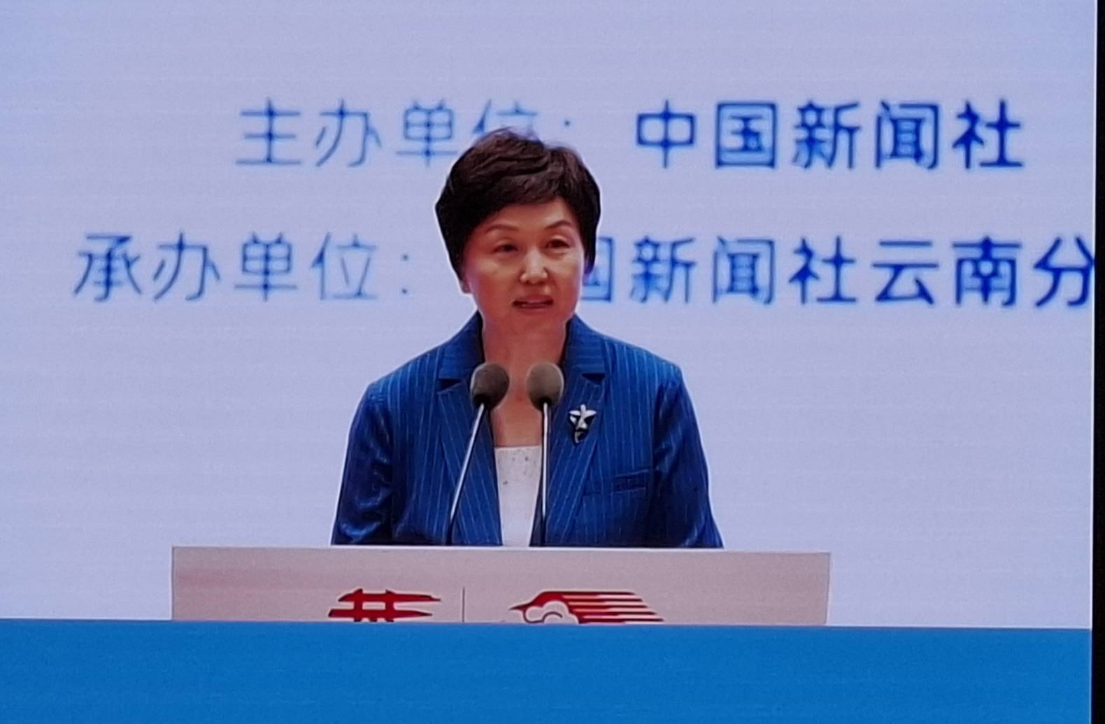 國務院僑辦主任陳旭致辭指出，海外華文媒體對當年抗戰影響重大，盼續宣揚中華文化，做好AI新時代媒體變革的準備。圖／梅花新聞網攝