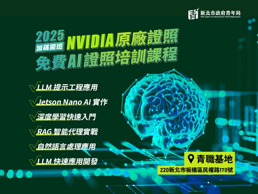 《圖說》新北青年局9月加碼再推 NVIDIA 原廠認證免費 AI 證照課程，從基礎到進階完整學習，課後可取國際證照。〈青年局提供〉