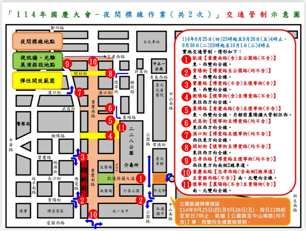 114年9月25日至10月11日凱達格蘭大道及總統府周邊路段因應國慶展演布幕牆搭設及夜間標線作業實施交通管制說明 9 1758593177142