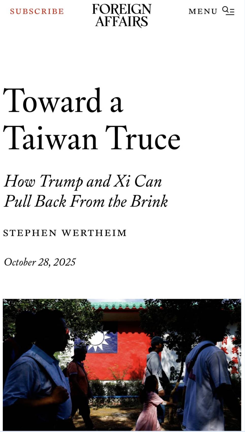 《外交事務》倡議「台海休戰」 !籲川習互提政治保證 取代軍事對抗 3 《外交事務》28日再就台海議題發聲。圖/截自外交事務官網