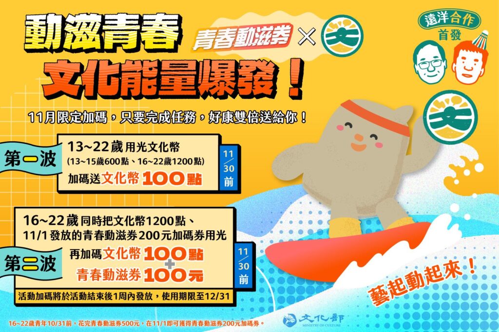 遠洋合作首發 「動滋青春X文化能量爆發」 11月限定任務挑戰 文化幣、青春動滋券雙重加碼送 14 %E5%8B%95%E6%BB%8B%E5%88%B8 1024x682 1