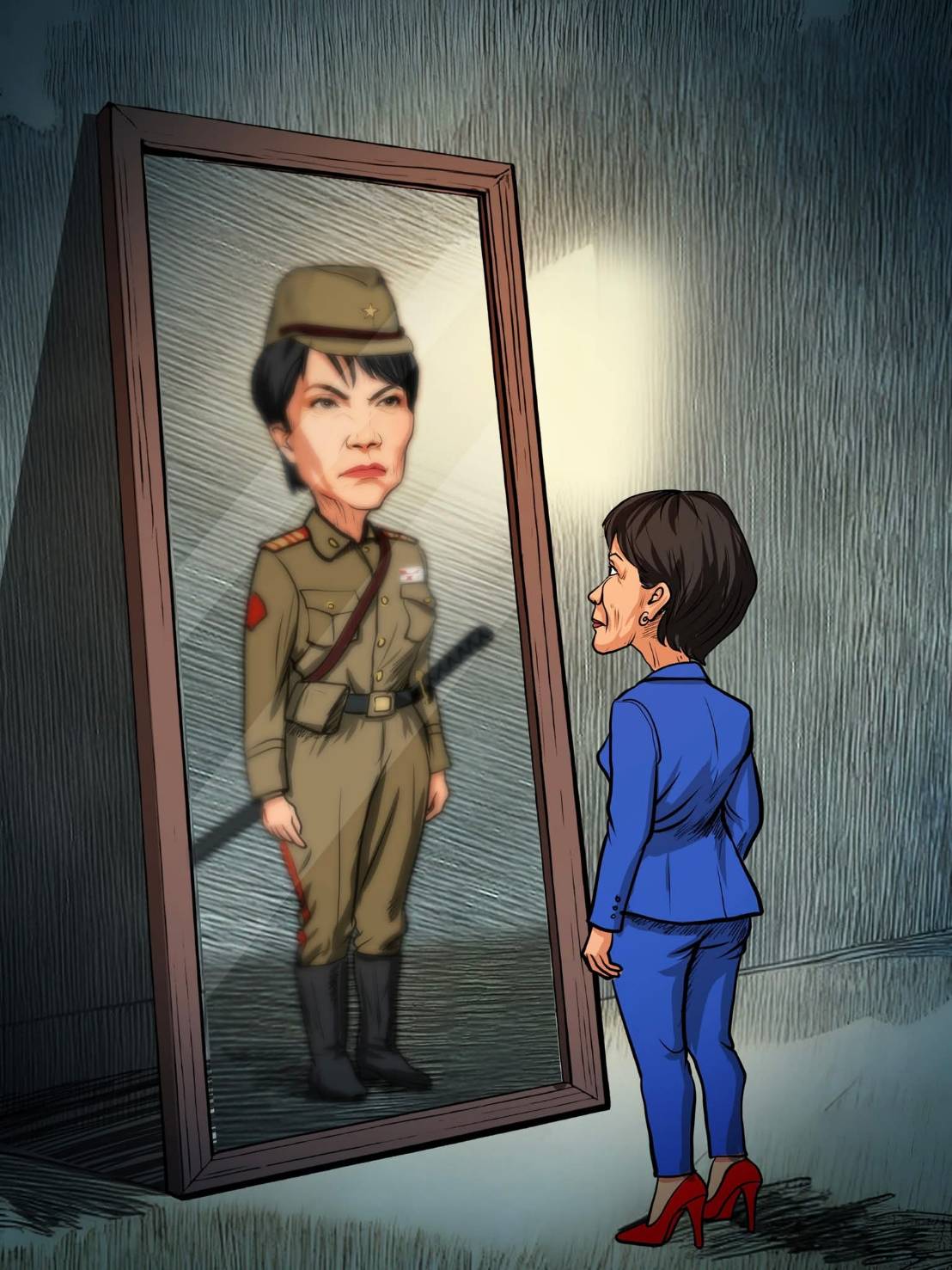 新華社以插圖批評，高市的言論是日本軍國主義復闢的預兆。圖/取自新華社臉書