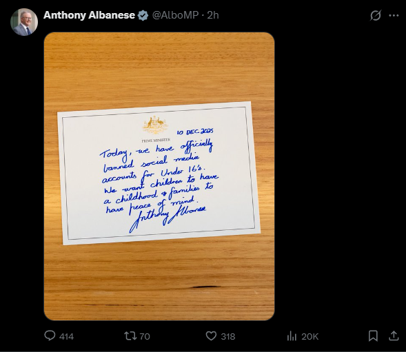 澳洲總理阿爾巴尼斯在X平台寫上他的心情。圖／取自 Anthony Albanese X