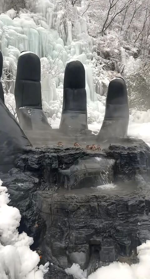 獼猴常聚集的水潭外觀，雲台山景區將原本的造型改為「五指山」樣式。圖/取自環球網文旅