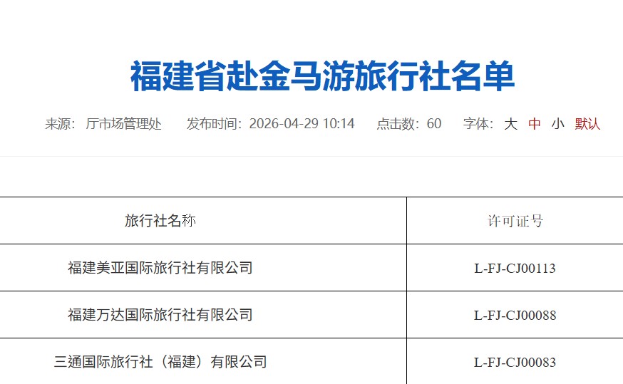 福建公布赴金馬旅遊「76間旅行社」名單。圖/取自福建文旅廳官網