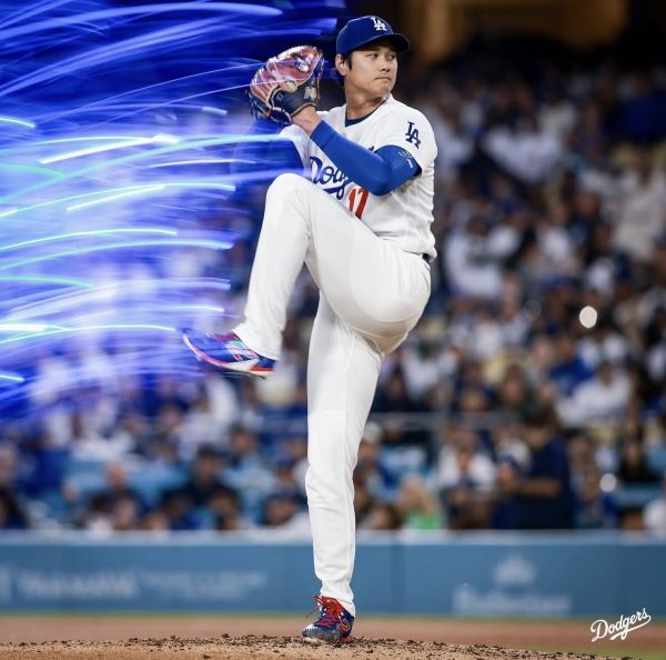 大谷本季直球平均轉速達2485轉（RPM），創下職業生涯新高，直球揮空率也來到28.0%。圖/取自dodgers IG